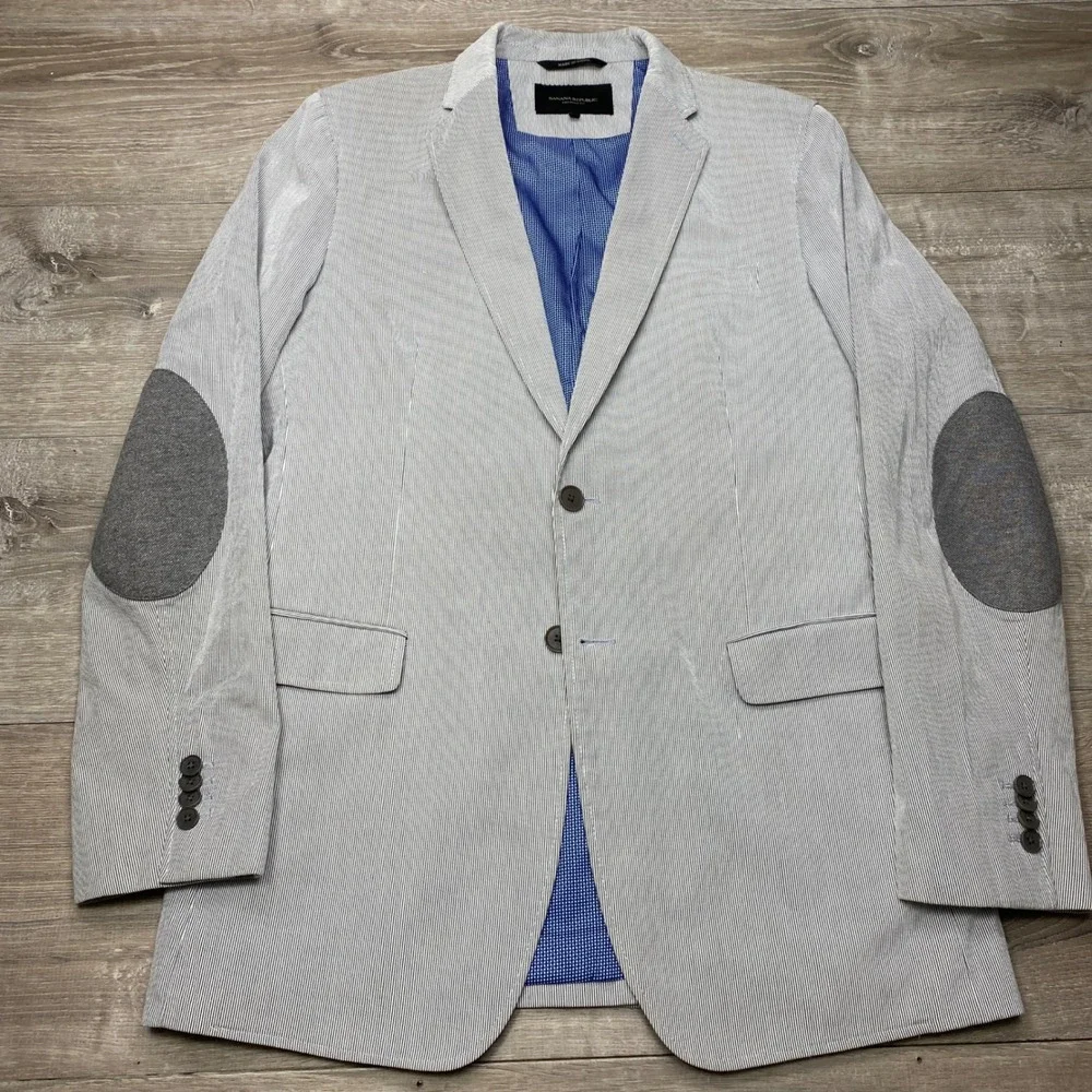 Banana Republic Blazer Mens 40L Blue Seersucker Elbow Patch Tailored Sport Coat